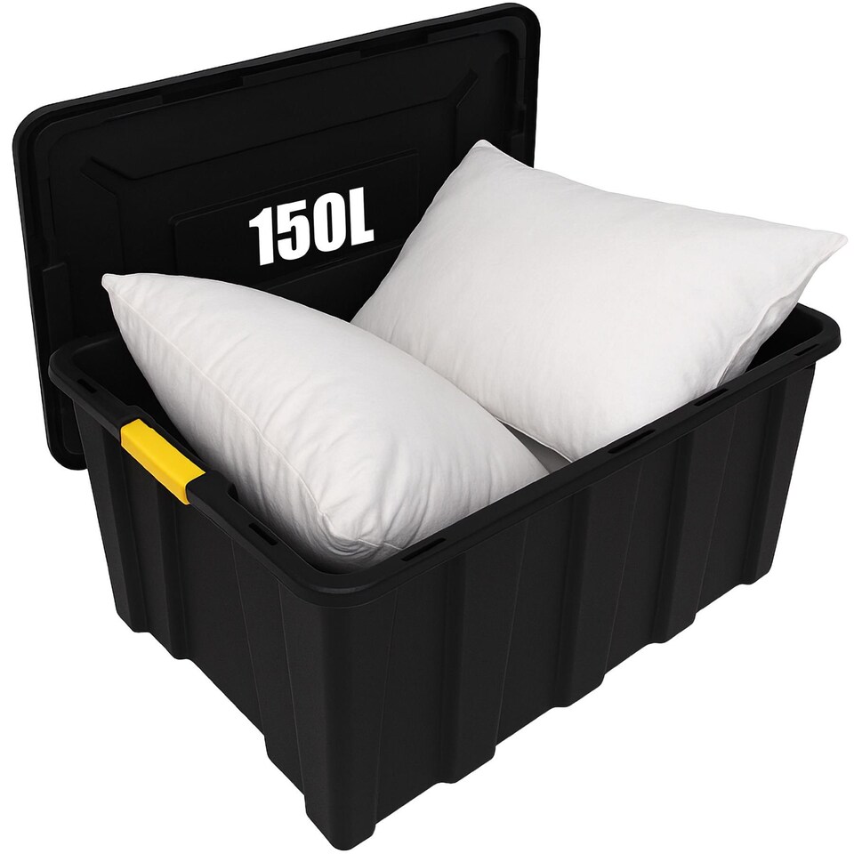 image 1 of Large Plastic Storage Box with Lid (92x58x42 cm) Heavy Duty Container 150L Capacity Black Stackable Box for Garage Pack of 5