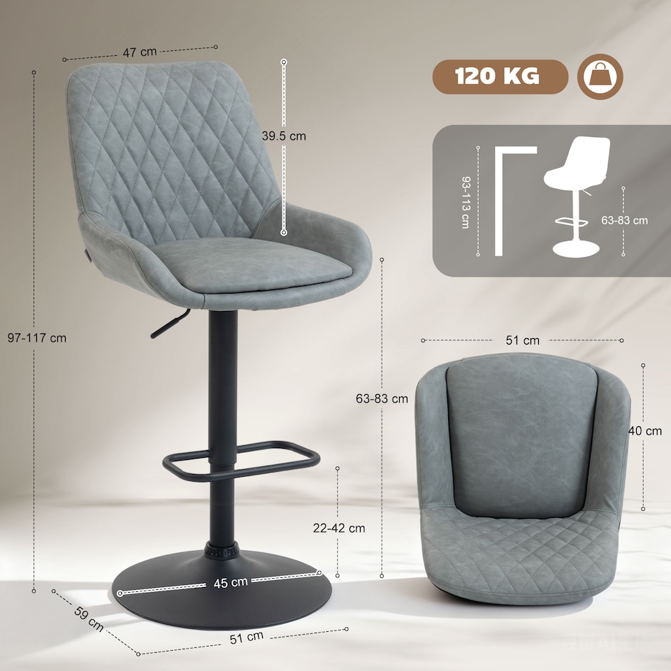 image 1 of HOMCOM Breakfast Bar Stools Set of 2 with 51x40cm Wide Seat, Height Adjustable Kitchen Counter Chairs, Retro Swivel Upholstered Barstools with Back, Footrest and Steel Base, Light Grey | Grey | Light Grey