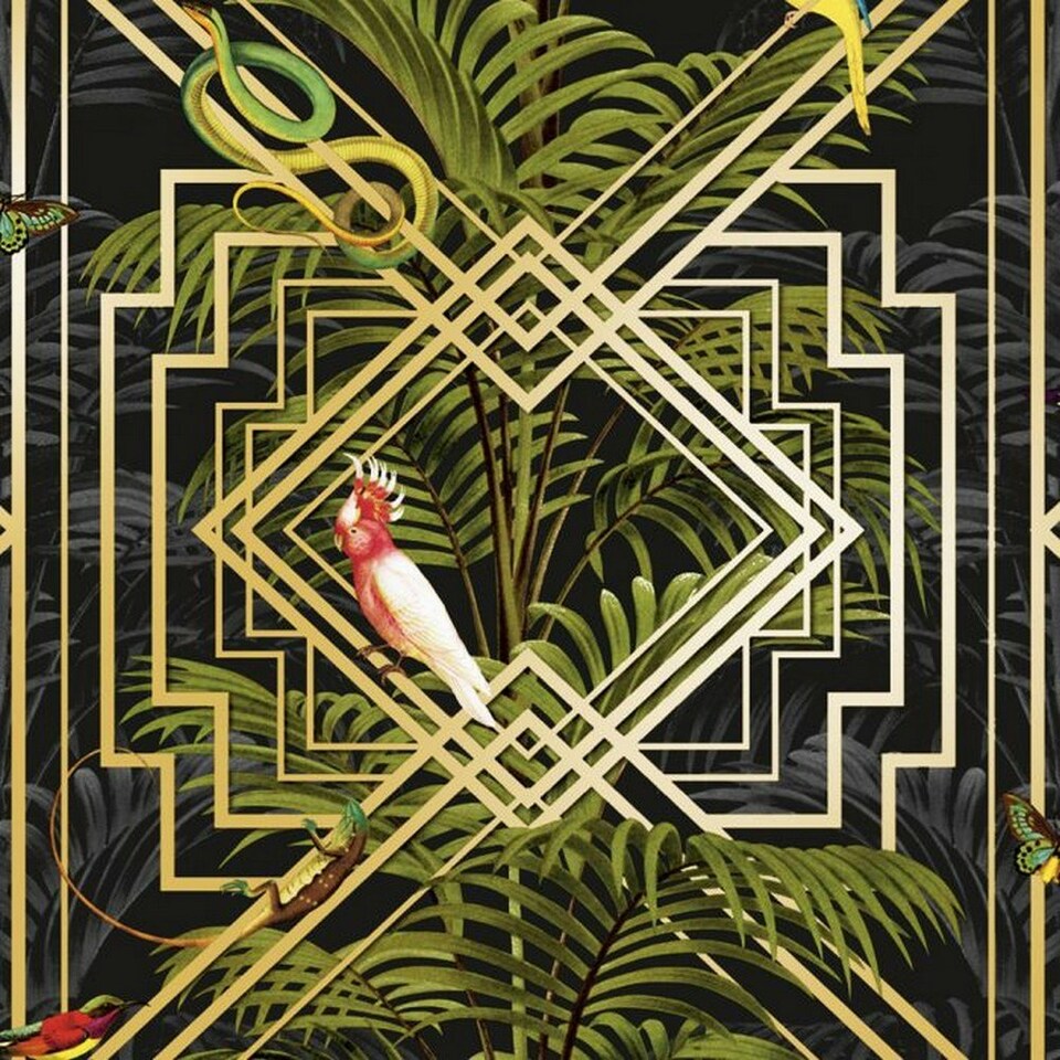 image 1 of Holden Décor Congo Geometric Wallpaper - Black/Green - 10m x 53cm Black