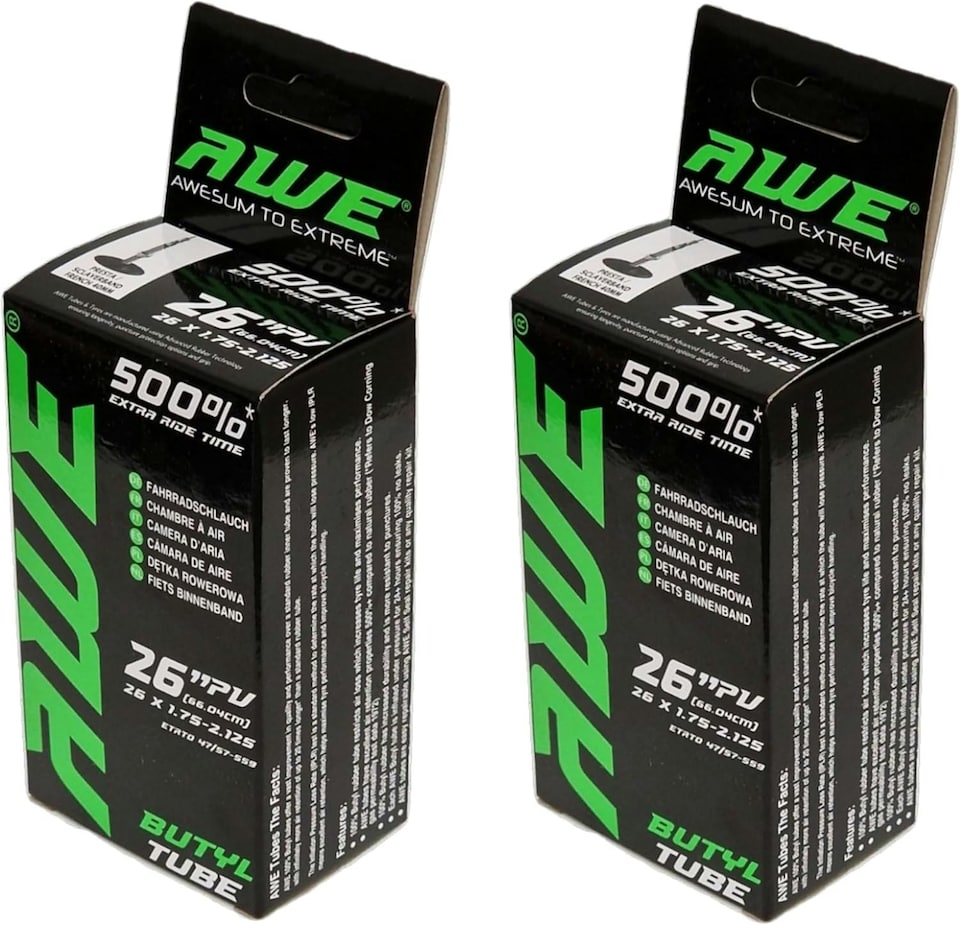 image 1 of AWE Set x 2 Butyl Rubber 26" MTB/E-Bike Inner Tube 26 x 1.75-2.125 Presta Valve