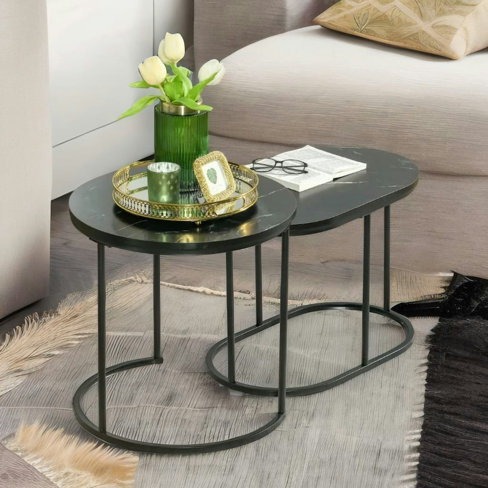 image 1 of 2PC Nesting Tables With Faux Marble Tabletop Black Black