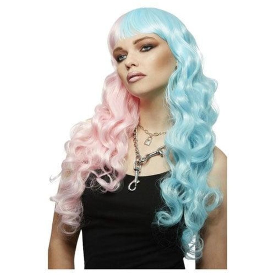 image 1 of Manic Panic Cotton Candy Angel Siren Half Pastel Pink & Half Baby Blue Long Curled Hair with Fringe Wig