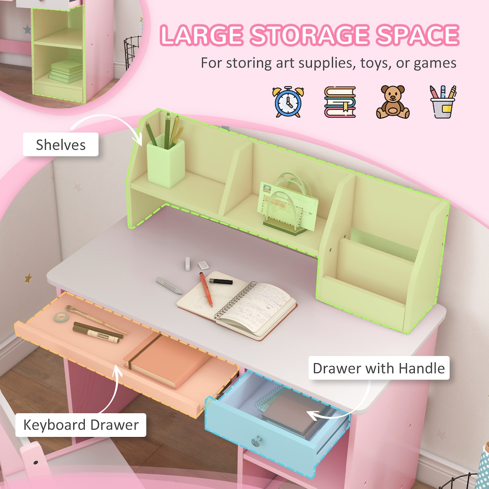 image 1 of ZONEKIZ Kids Desk and Chair Set with Storage for 5-8 Years | Pink