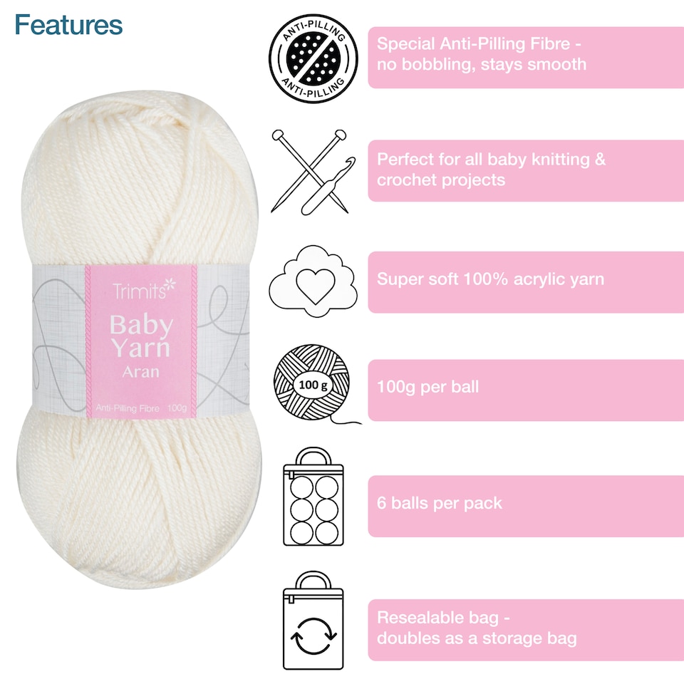 image 1 of Trimits Aran Knitting Yarn 6 x 100g Acrylic Knitting & Crochet Wool Soft Touch Machine Washable OEKO-TEX