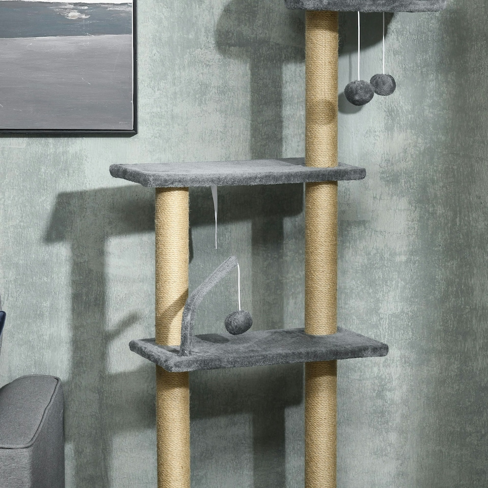 image 1 of PawHut Floor To Ceiling Cat Tree 6-Tier with Scratch Post Bed Hammock Grey