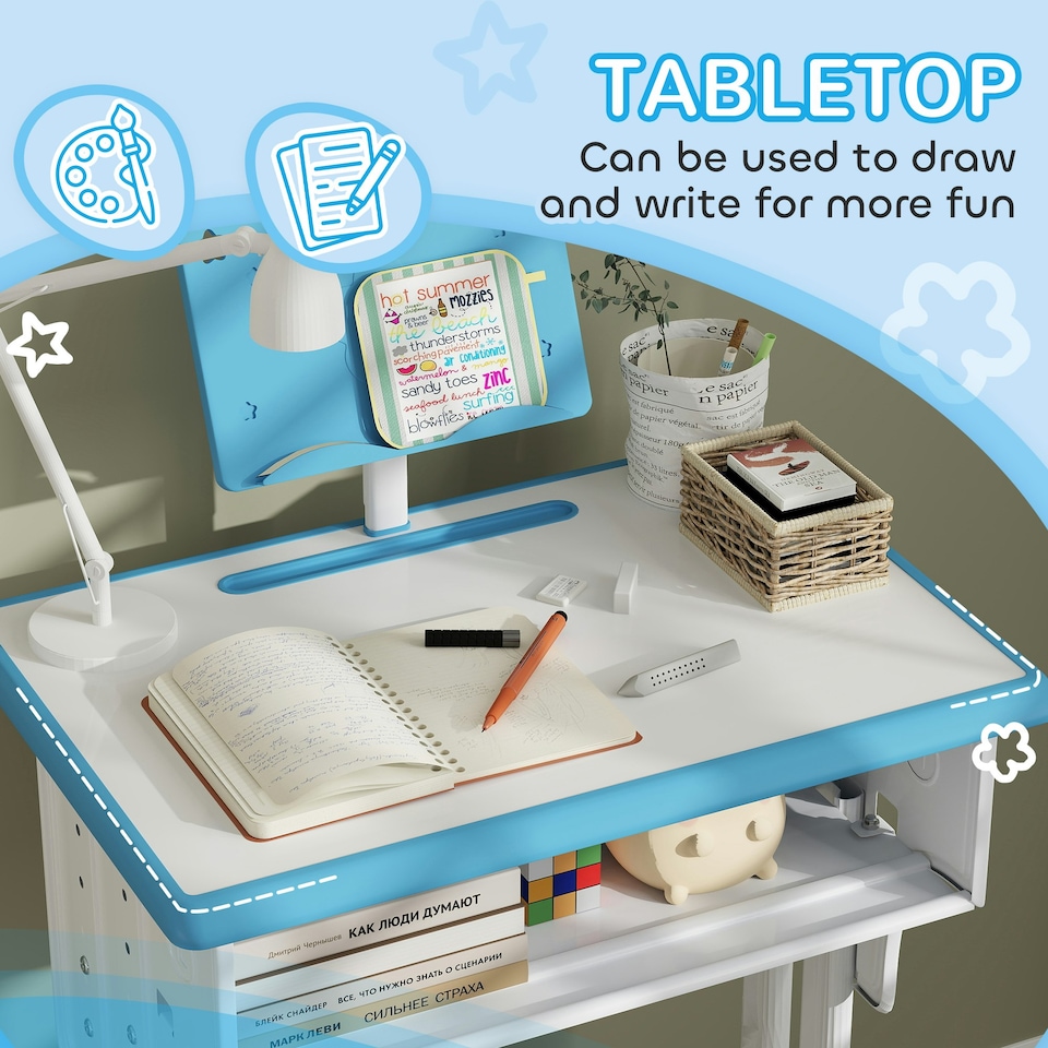 image 1 of HOMCOM Kids Desk and Chair Set Adjustable Height Study Table Set w/ Drawer | Blue