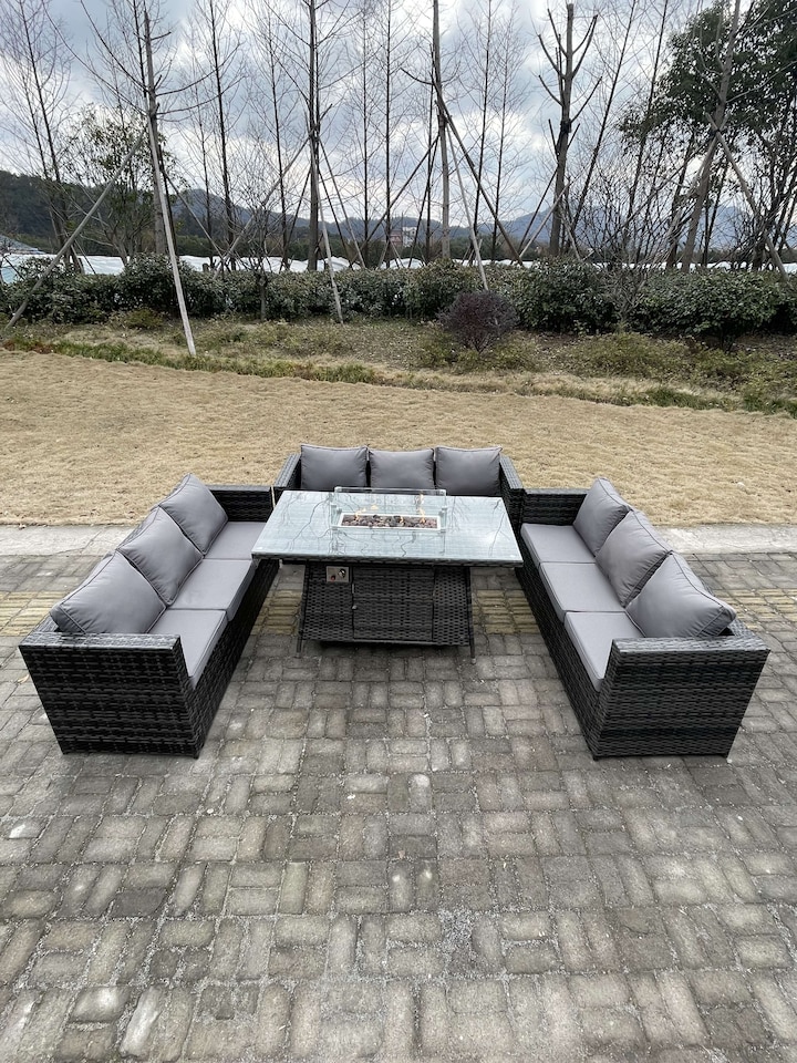 image 1 of Fimous 9 Seater U Shape Outdoor Lounge Rattan Sofa Set Garden Furniture Gas Firepit Set Dining Table Dark Grey Mixed