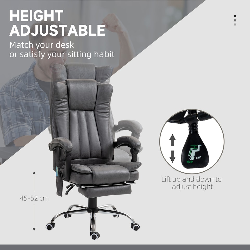 image 1 of Vinsetto Office Chair with Massage and Heat, Microfibre Reclining Computer Desk Chair with Footrest and Adjustable Height, Swivel Wheels for Home Office, Charcoal Grey