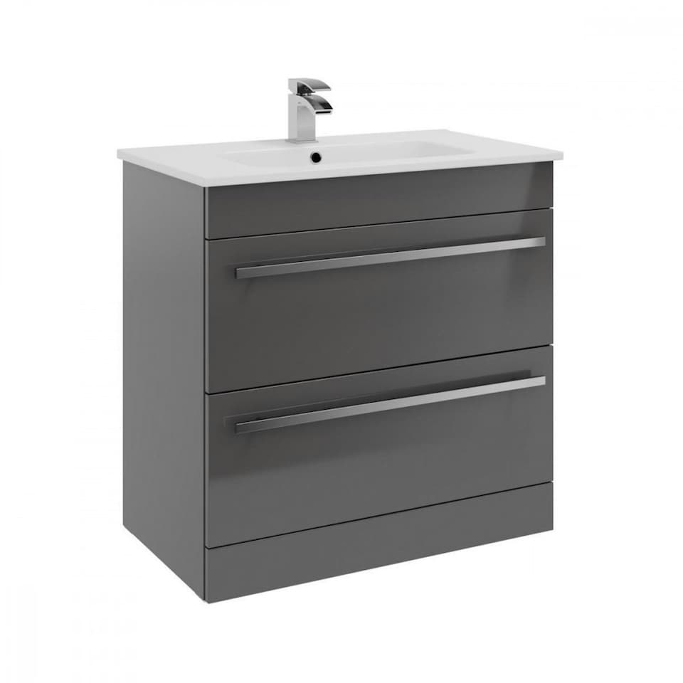 image 1 of Bathroom 2-Drawer Floor Standing Vanity Unit with Ceramic Basin 800mm Wide - Storm Grey Gloss - Brassware Not Included | Grey | Grey | 1