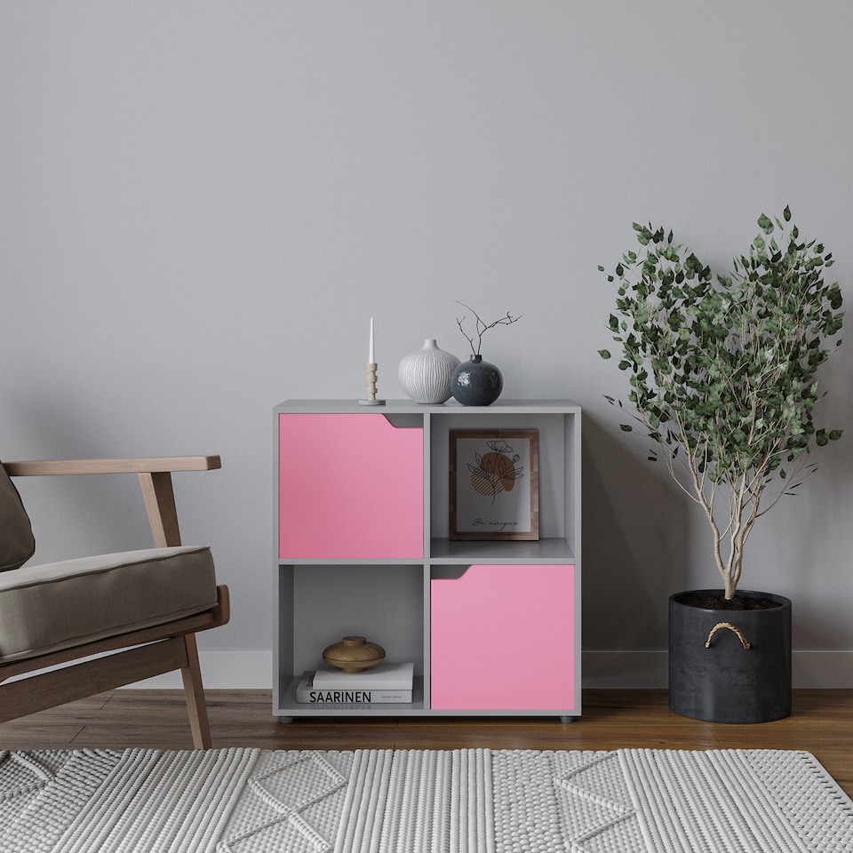 image 1 of 4-Cube Shelving Unit With Wooden Doors - Square | Grey | Grey & Pink | 1
