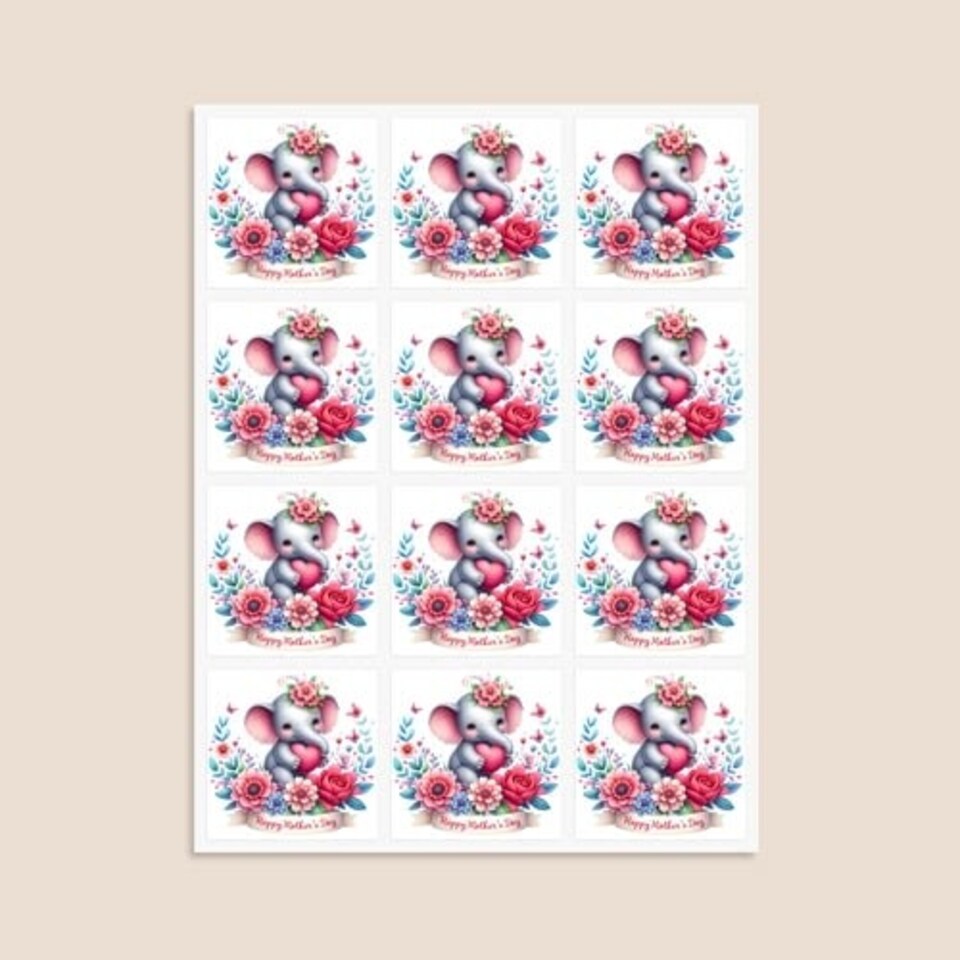 image 1 of Mother's Day Elephant Square Stickers 65mm - Sheet of 12