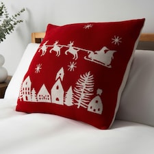 BHS Father Christmas on Sleigh Cushion, Red | Red | Red | 50 x 50cm | 1