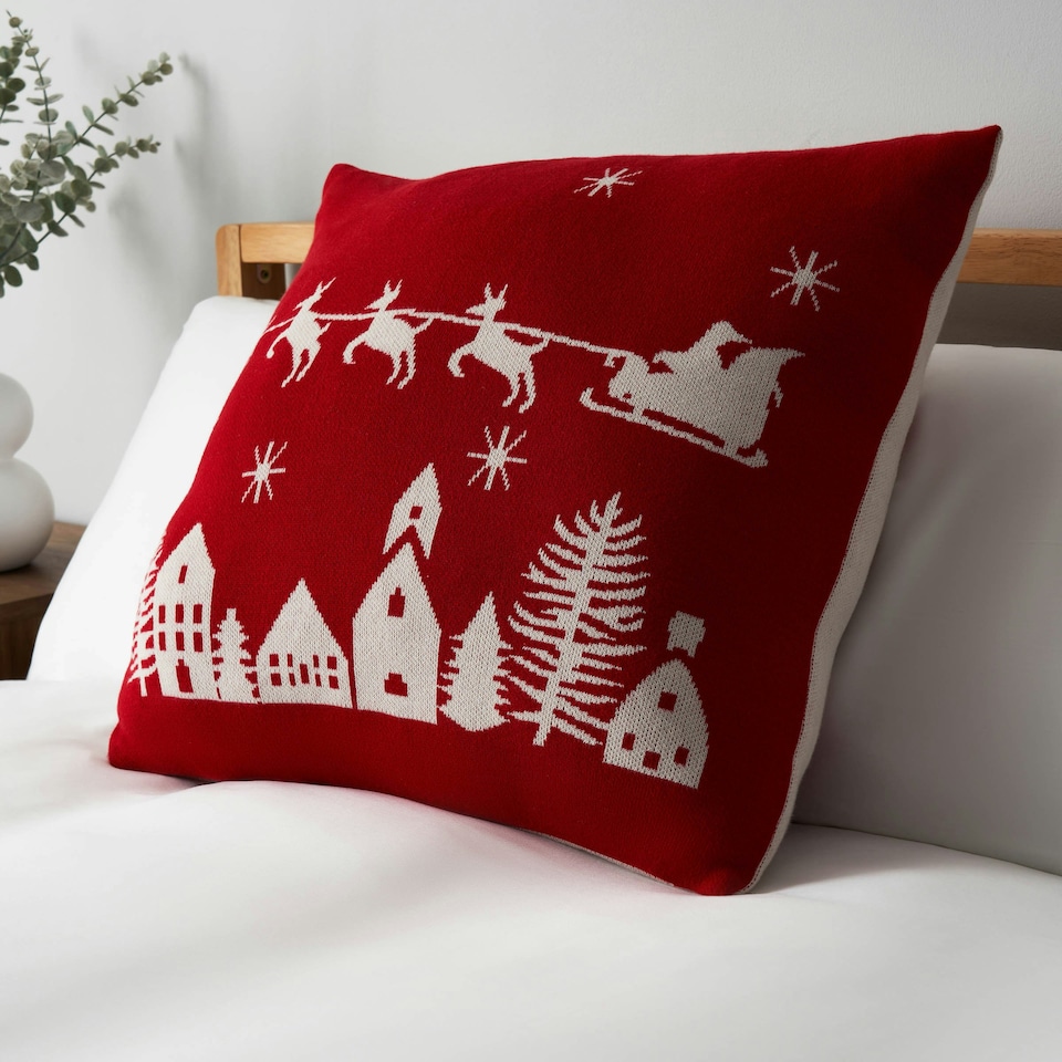 image 1 of BHS Father Christmas on Sleigh Cushion, Red | Red | Red | 50 x 50cm | 1