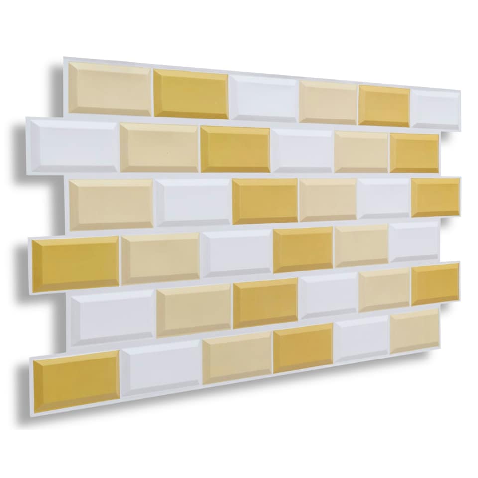 image 1 of NOVECRAFTO 3D Wall Panels – 6 PVC Sheets, Covers 2.76 sqm (29.76 sq ft), 96x48cm Each – White Subway Tile Pattern with Gold and Beige Accents