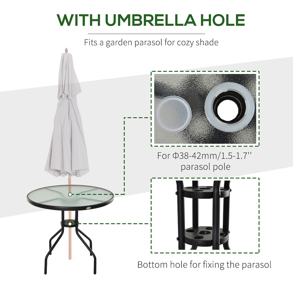 image 1 of Outsunny 80 cm Round Garden Dining Table with Parasol Hole for 4, Outdoor Coffee Bistro End Side Table with Tempered Glass Top and Steel Frame for Patio, Porch, Black
