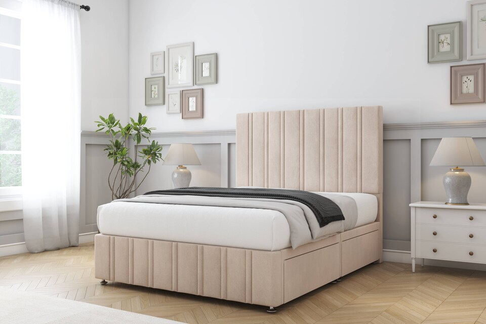 image 1 of Sloomy Langston Sand Naples Divan Bed Base No Drawers With 54 Inch Floor Standing Headboard & 12 Inch Matching Footboard | Cream | Sand | Double | 1