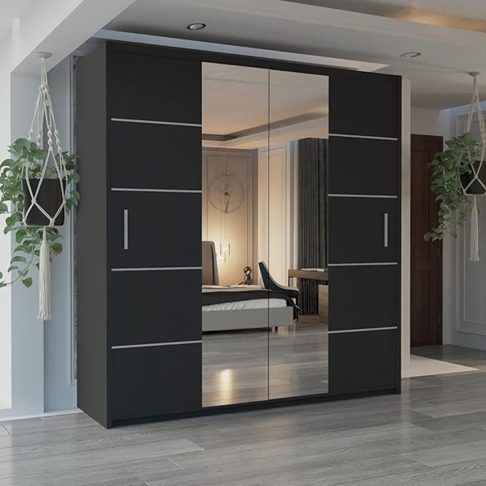 image 1 of Modern Wavy Sliding Mirror Wardrobe 120/150/180/203cm White/Black/Grey/Oak Black | 180cm