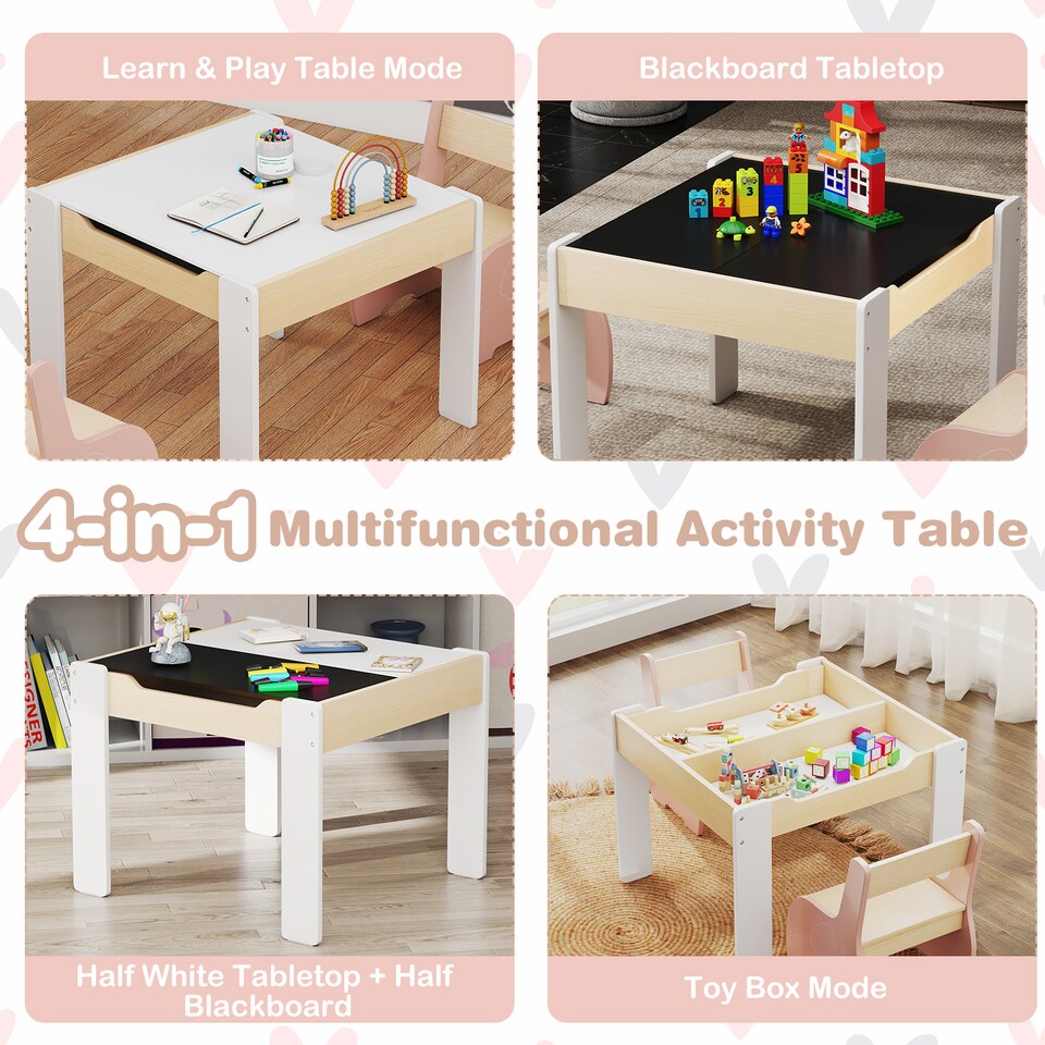 image 1 of COSTWAY Wooden Kids Table and Chair Set with Storage Pink