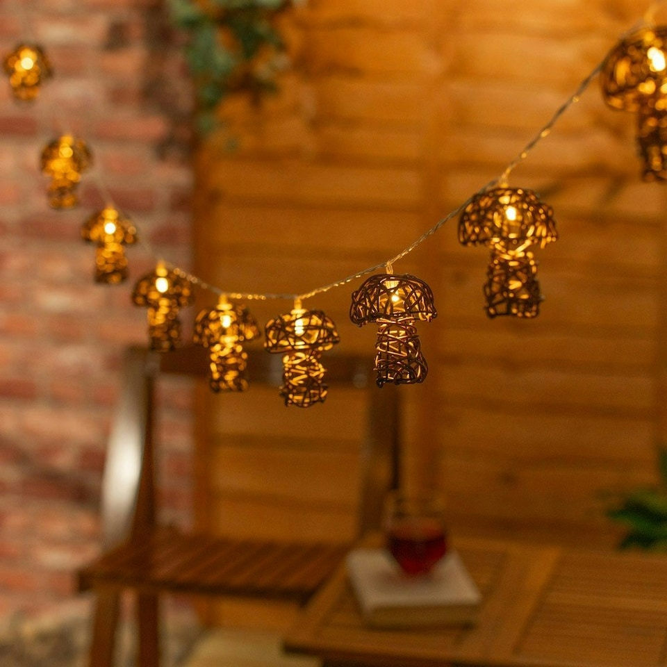 image 1 of ValueLights 10 x Battery Operated Outdoor Mushroom Rattan Garden String Lights