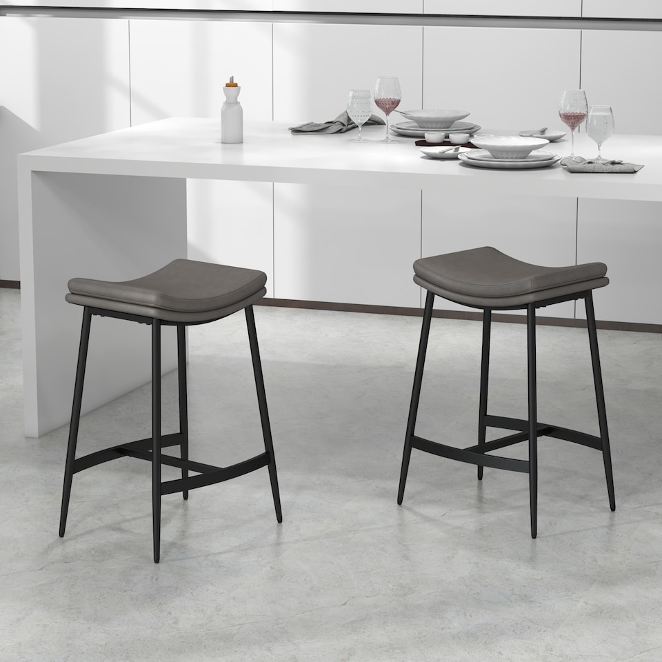 image 1 of HOMCOM Breakfast Bar Stools Set of 2, Microfibre Upholstered Barstools, Industrial Bar Chairs with Curved Seat and Steel Frame for Dining Room, Kitchen, Grey