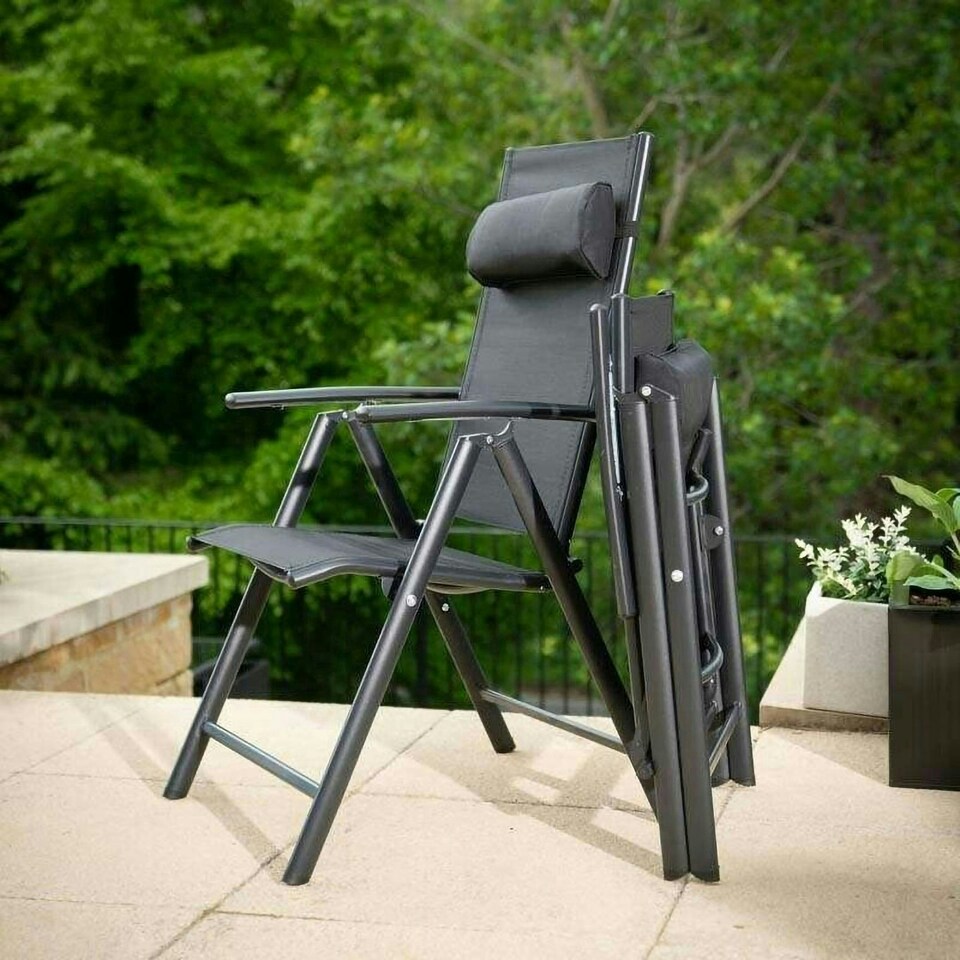 image 1 of Hectare 6 Seater Garden Furniture Reclining Glass Dining Set with Parasol Black