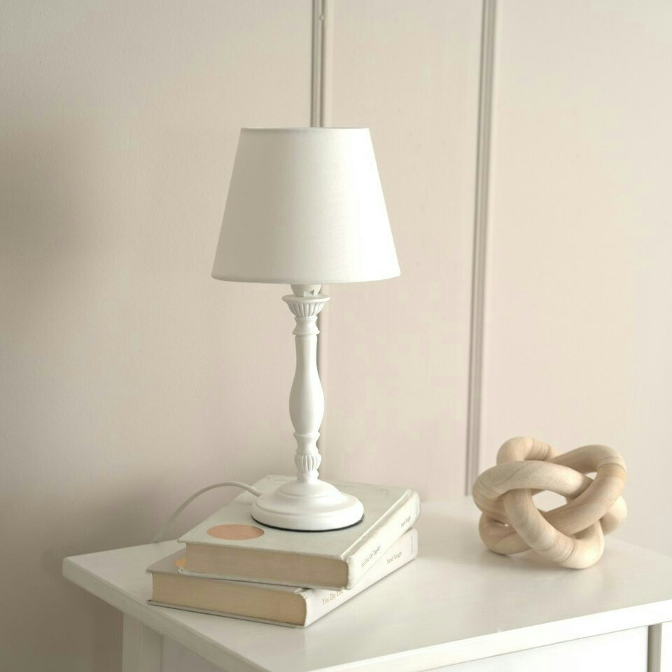 image 1 of ValueLights Sara White Wood Traditional Candle Stick Table Lamp with Tapered Lamp Shade and LED Bulb White