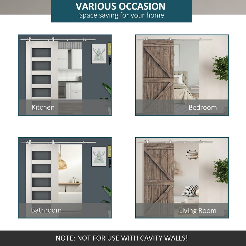 image 1 of HOMCOM Modern Sliding Barn Door Closet Hardware Track Kit Track System Unit | Silver | 200cm x 2.5cm