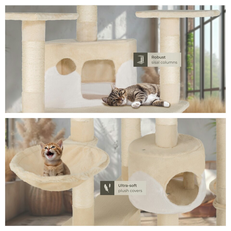 image 1 of Cat Tree Fippi - 201 cm tall, sisal cat scratching post, toy & anti-tip bracket - Beige/White