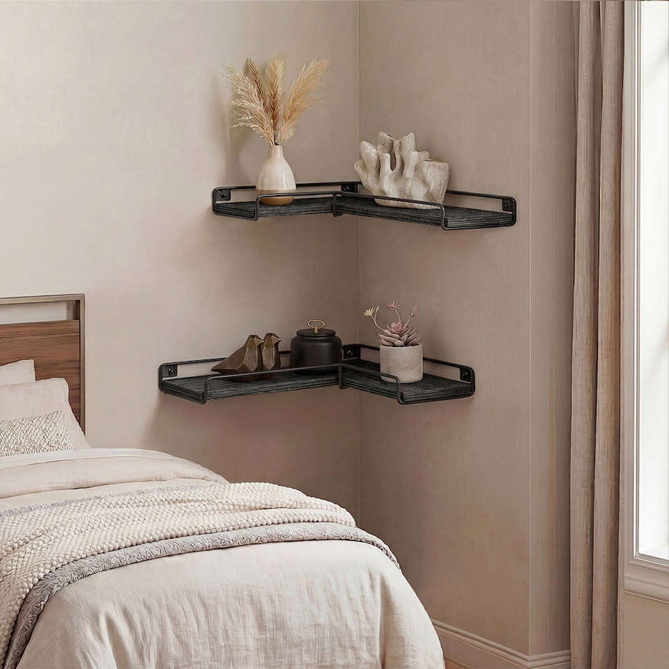 image 1 of Levede Floating Shelves Set of 2 L-Shaped Corner Shelves Wall Mounted Black