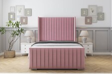 Sloomy Marlborough Pink Plush Bed Frame With 50" Upholstered Wingback Headboard 5' King