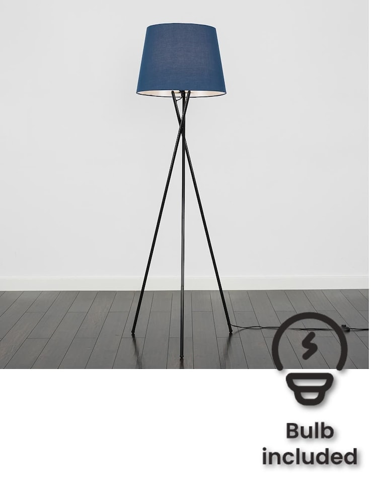 image 1 of ValueLights Camden Black Tripod Floor Lamp Navy Blue Taper Shade & Bulb | Blue