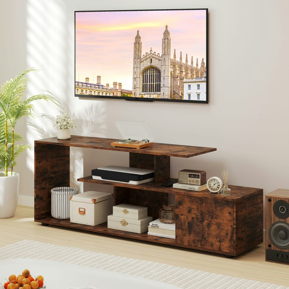 image 1 of COSTWAY TV Stand 55 Inches 3-Tier Entertainment Center Brown Brown