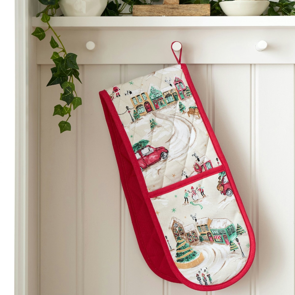 image 1 of Catherine Lansfield Christmas Town Cotton Kitchen Double Oven Glove Natural Cream | Natural