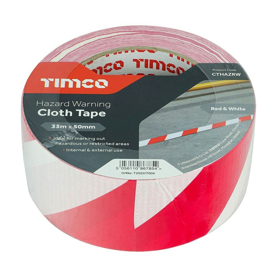 image 1 of Timco - Hazard Warning Cloth Tape - Red and White (Size 33m x 50mm - 1 Each)