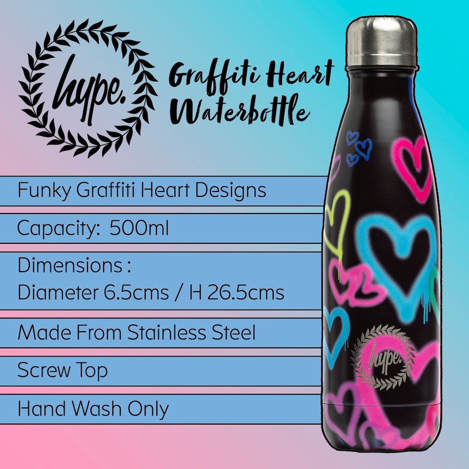 image 1 of Black Graffiti Heart Metal Water Bottle | Screw Top Reusable Leak Resistant | Black | Black | One Size | 1