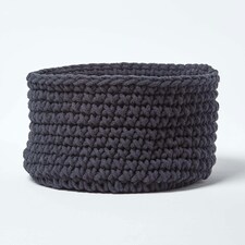 Homescapes Black Cotton Knitted Round Storage Basket - 37 x 21 cm | Black | Black | M