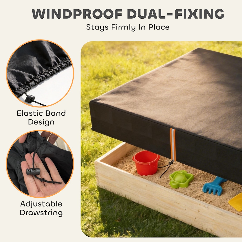 image 1 of AIYAPLAY Sandbox Cover, Square Sandpit Cover with Drawstring & Elastic Band | Black | Black with orange reflective strip | 125 x 125 x 20 cm
