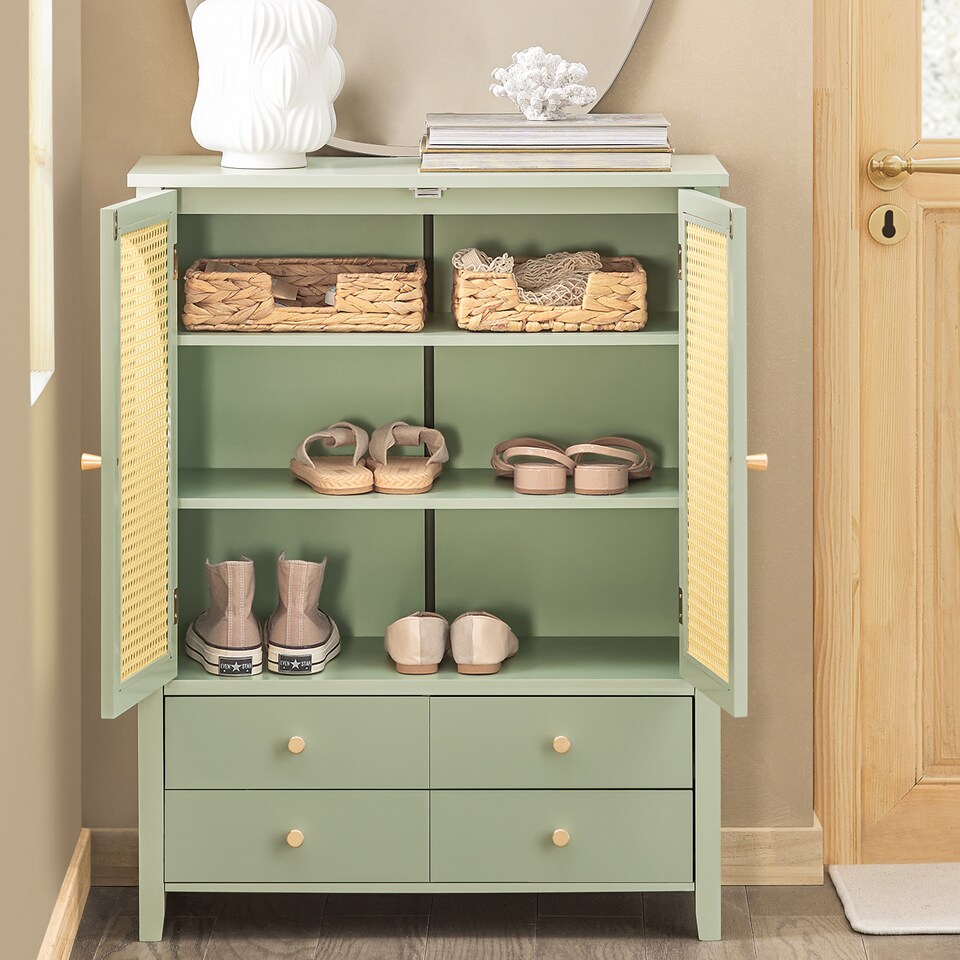 image 1 of SoBuy Sideboard Storage Cabinet with 4 Drawers & 2 Rattan Doors, Green, 27.6x13.4x35.4 inches, 26.6 kg - FSB72-GR