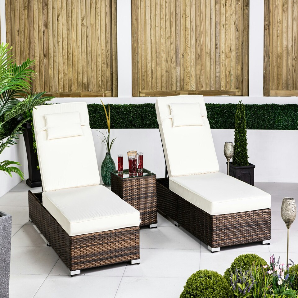 image 1 of Giardino Set of 2 Sun Loungers & Table Set Brown | Ivory