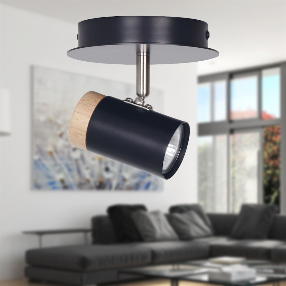 image 1 of Set of 2 Stratton - Black with Wood Detail Single Spotlights