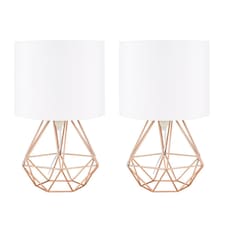 ValueLights Angus Pair Copper Metal Basket Cage Table Lamps White Shades