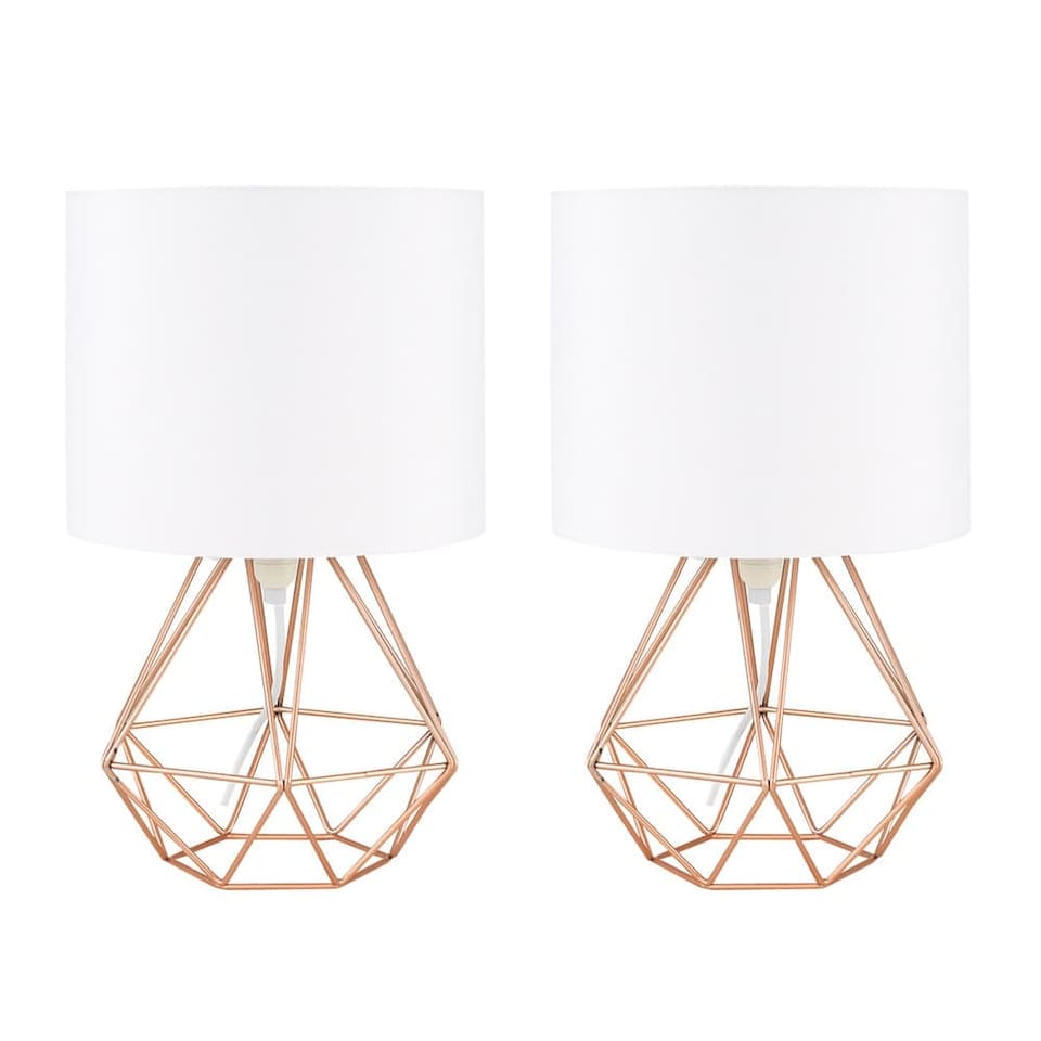 image 1 of ValueLights Angus Pair Copper Metal Basket Cage Table Lamps White Shades