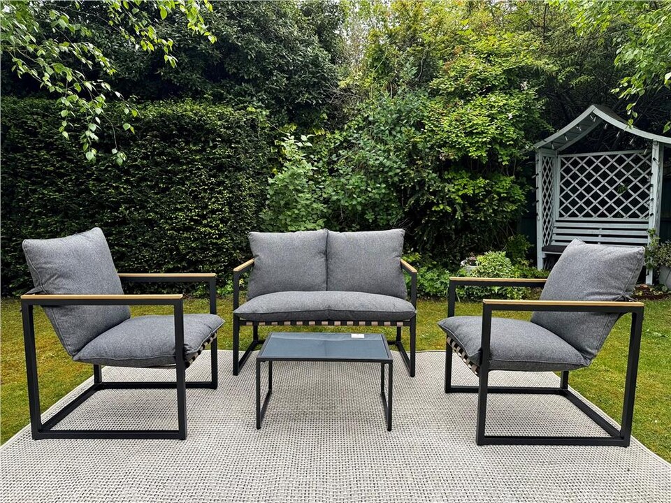 image 1 of Garden Lounge Set Grey Cushions Black Frame Patio Furniture Chairs Sofa Table 4 Seater Porto
