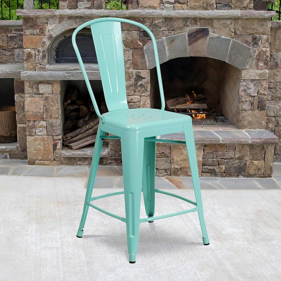 image 1 of Blake 24" Industrial Style Bar Stool Chair, Mint Green - Set of 4 - Modern Metal Counter Height Green