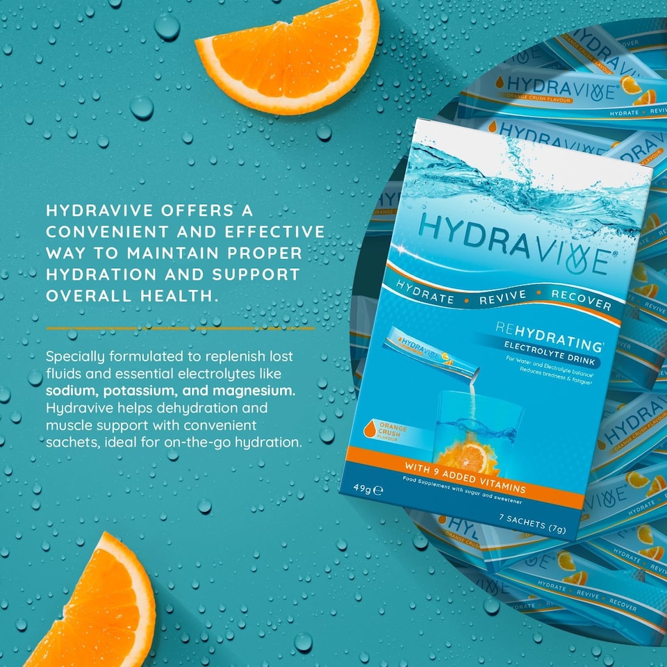 image 1 of Hydravive Rehydration Electrolytes Powder - High Strength Vitamin C and All 8 B Vitamins: B1, B3, B5, B12 Supplement Sachet Drink - 7 Pack Orange