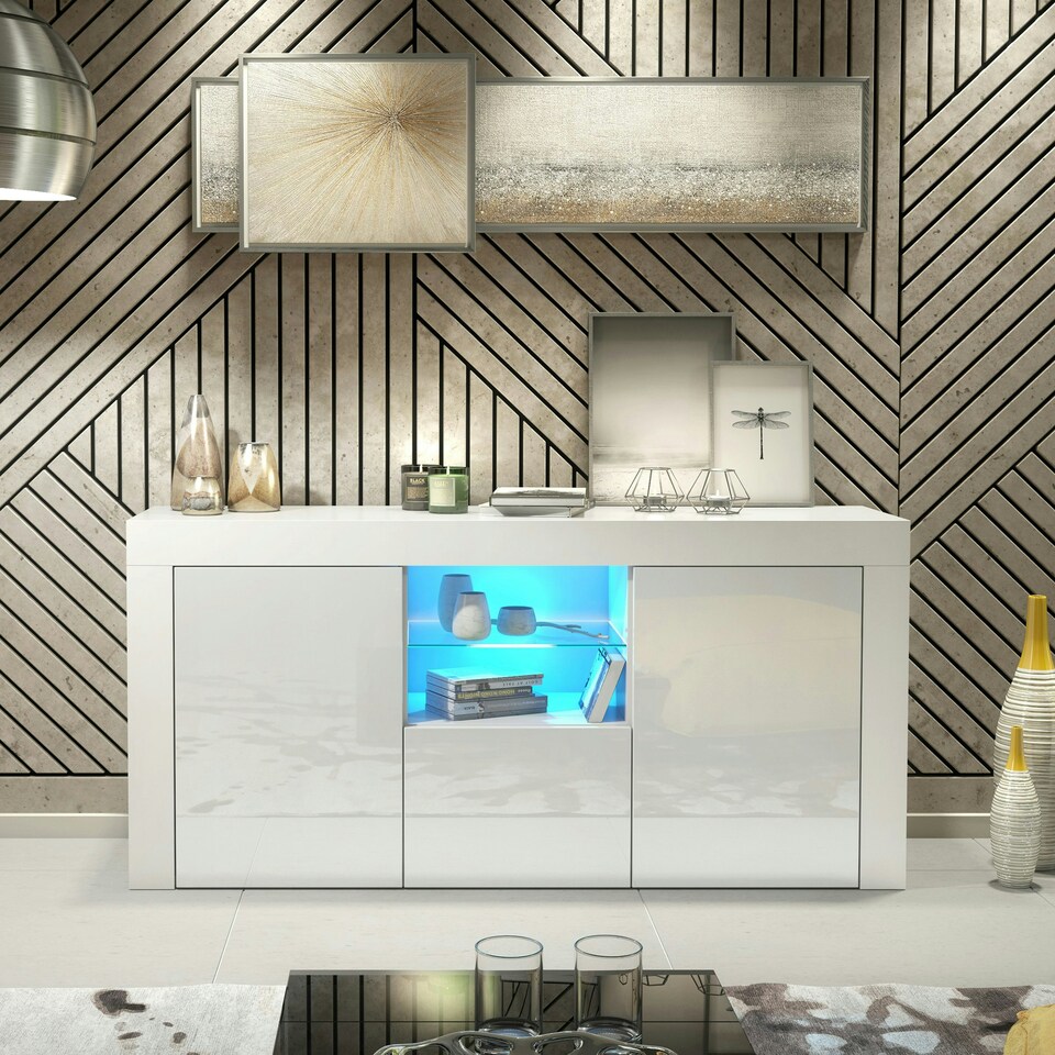 image 1 of White TV Unit 145cm Gloss Doors Free LED Modern Media Cabinet White