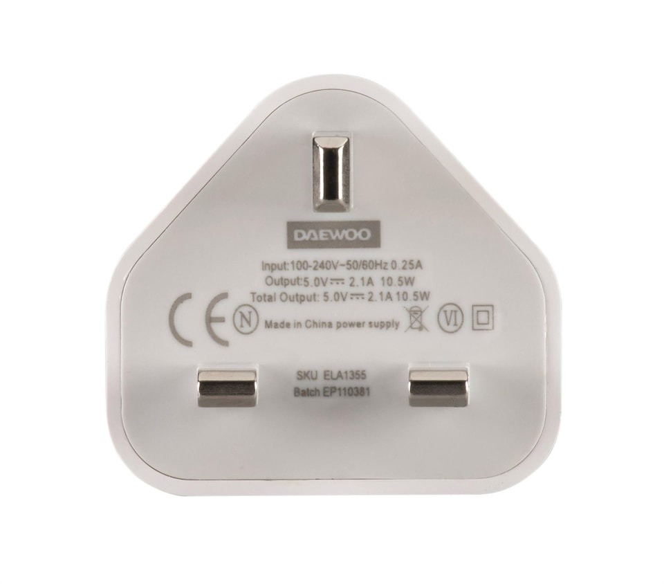 image 1 of Daewoo 2.1A Dual USB Mains Charger Plug Adaptor White