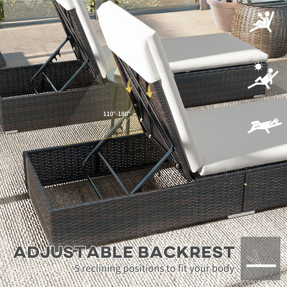 image 1 of Outsunny Rattan Sun Loungers Set of 2, Recliner Chairs, Adjustable Back, Brown | Brown