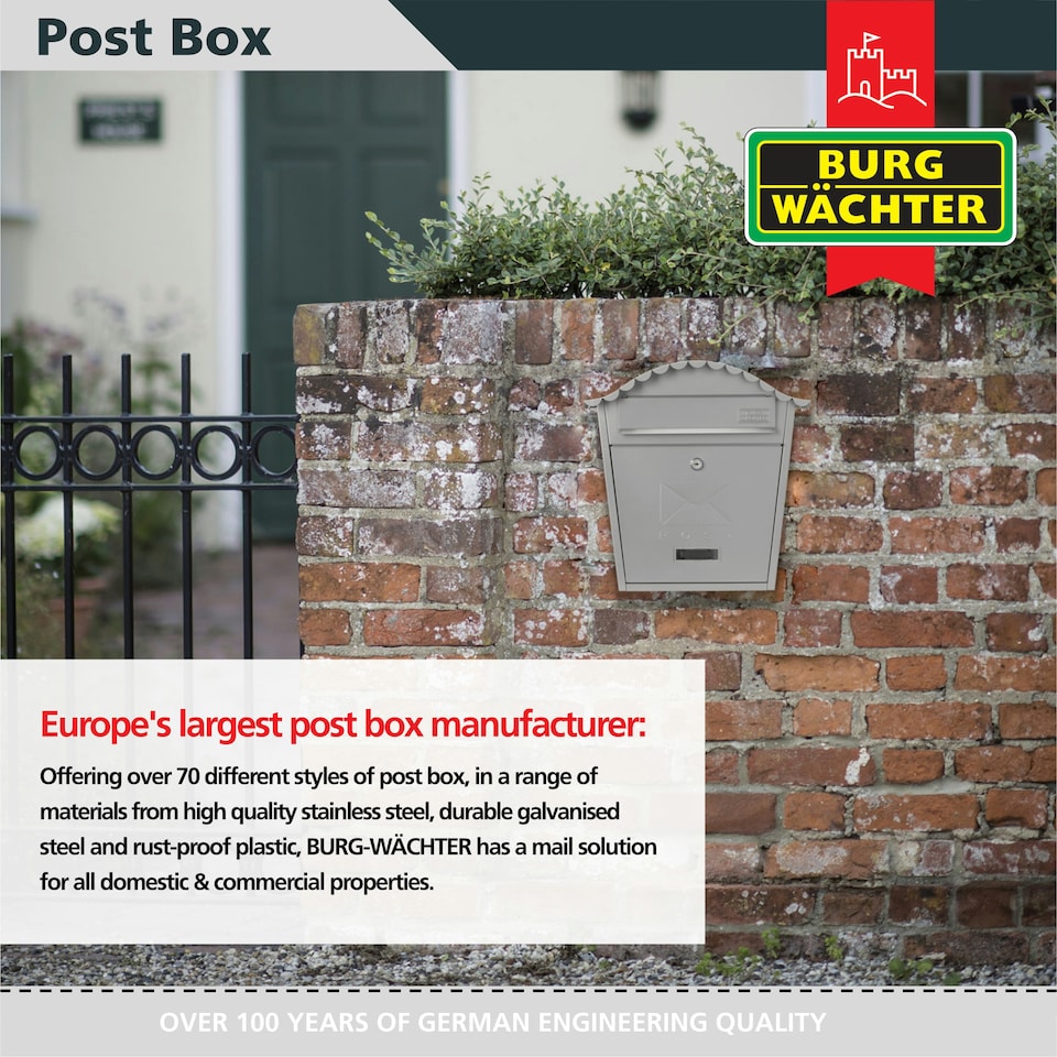 image 1 of Burg-Wachter Classic Wall Mounted Galvanised Steel Lockable Weatherproof Post Box - 36x37x13cm Grey | French Grey