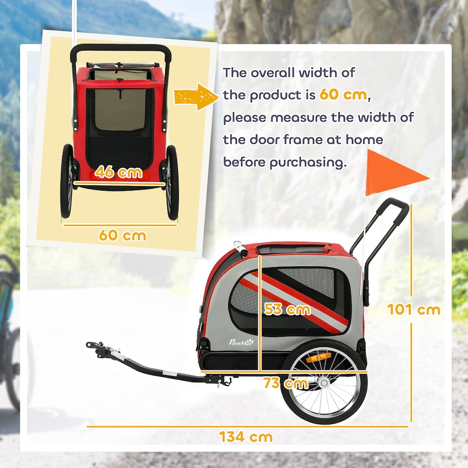 image 1 of PawHut 2-In-1 Dog Bike Trailer Stroller w/ Universal Wheel Reflector Flag